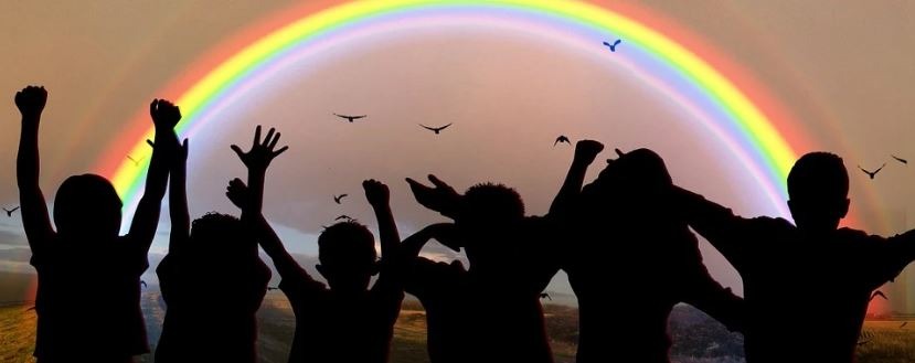 children’s shadow, rainbow, children raising their hands